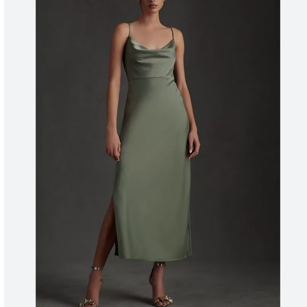 BHLDN Cali Satin Cowl Neck Sleeveless Midi Slip Dress size 6 Moss Green Wedding